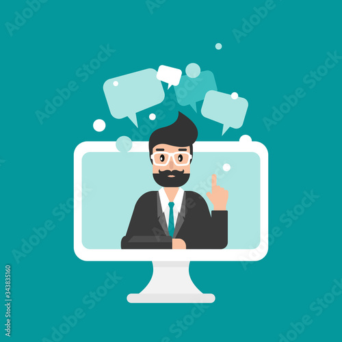 businessman or attorney on computer screen with speech bubbles. flat vector illustration on blue background.