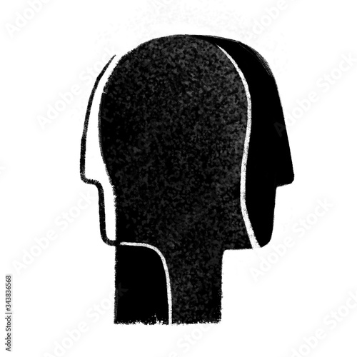 A memory of a loved one. Split personality schizophrenia. Human head in profine silhouette isolated on white background, black and white illustration.
