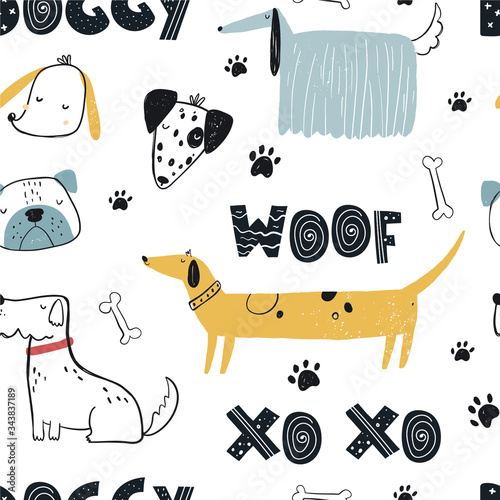 Vector hand-drawn vector seamless seamless repeating childish simple pattern with cute doggies, bones in the Scandinavian style on a white background. Baby pattern with dogs. Dogs print.
