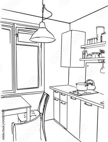 Hand drawn outline sketch of small kitchen in doodle style