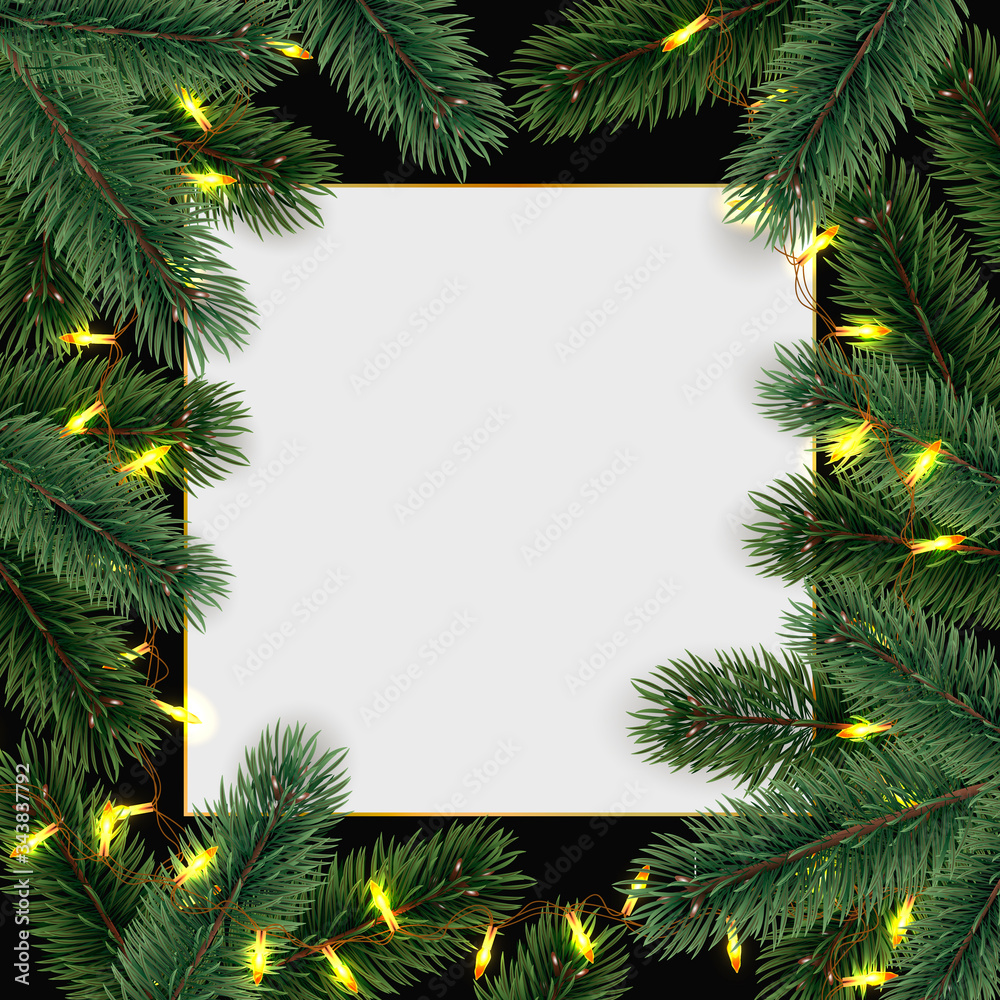 Christmas  Festive border. Realistic pine branch and  space for text. Vector illustration
