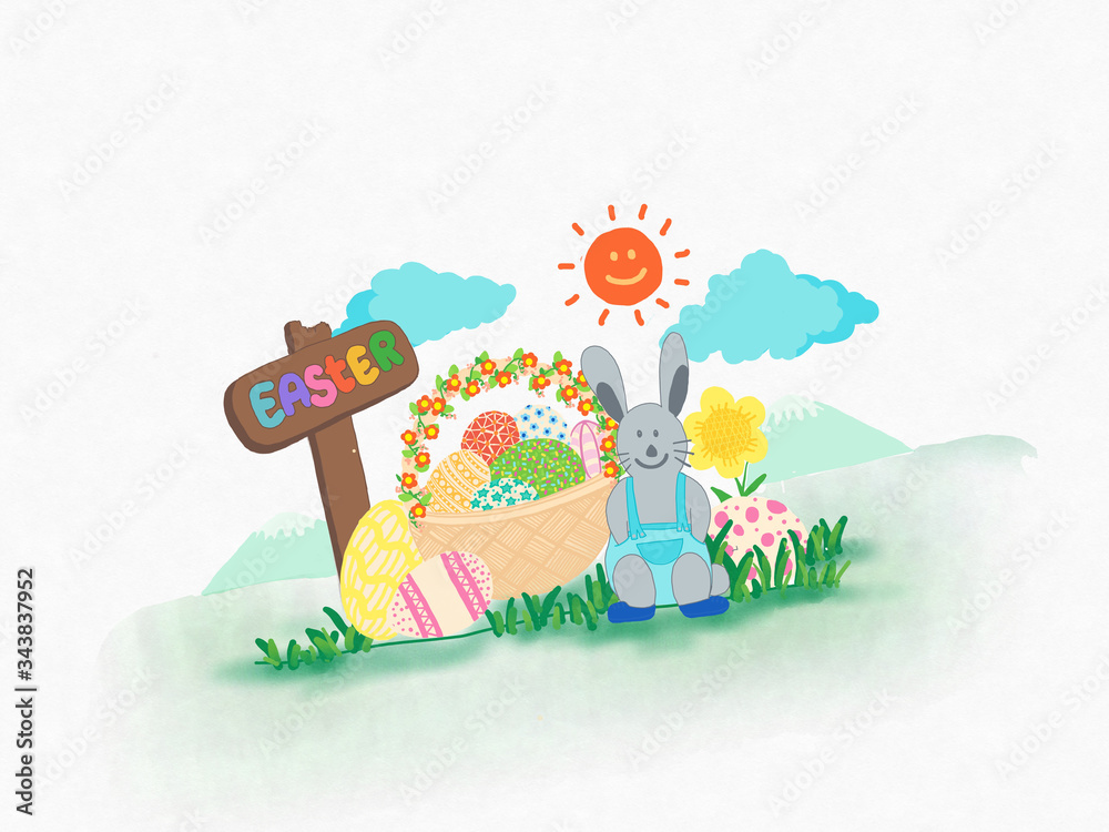 Obraz premium Ester day, a rabbit sits on the green grass with a basket of ester eggs in front of moutains on sunny day 
