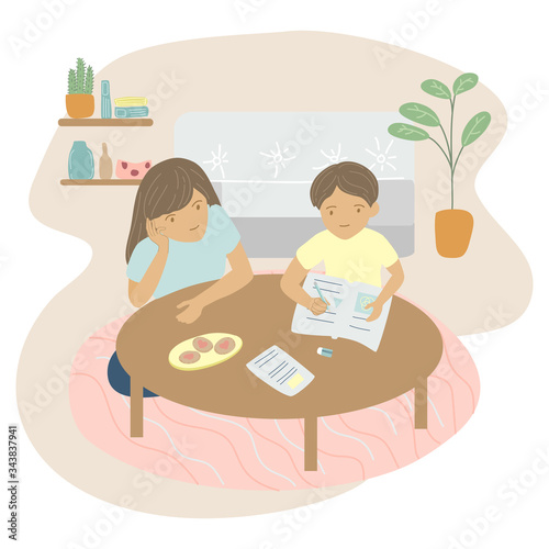 flat art design int theme of family, motherhood,children,home learning, knowledge. Mother is helping son do homework at home