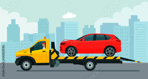 A tow truck with a driver transports a broken SUV car against the backdrop of the cityscape. Vector flat style illustration. © lyudinka
