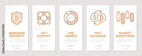 Cryptocurrency related vertical cards. Mobile app onboarding screens. Templates for a website. Icons with editable stroke