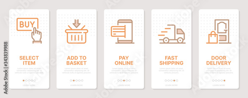 Shopping related vertical cards. Mobile app onboarding screens. Templates for a website. Icons with editable stroke