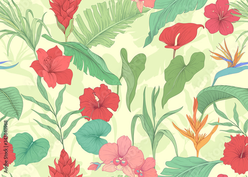 Seamless pattern with tropical flowers and palm leaves