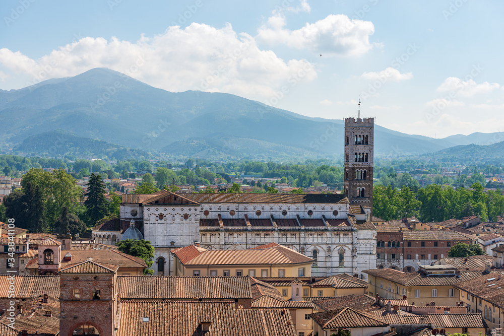 Aerial view of Lucca from the Guinigi Tower (Torre dei Guinigi) with the Cathedral of San Martino (Saint Martin), in Romanesque Gothic style, XI century. Tuscany, Italy, Europe