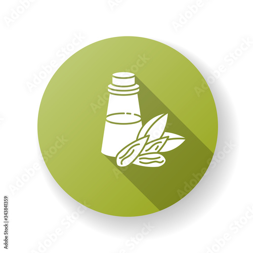 Almond oil green flat design long shadow glyph icon. Organic ingredient for essence. Massage oil. Natural cosmetic product for dry hair treatment. Silhouette RGB color illustration.