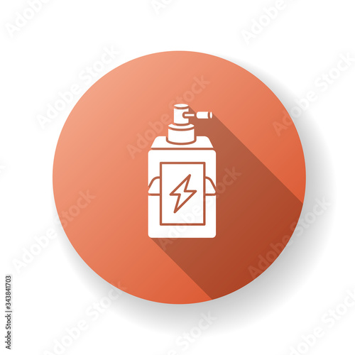 Antistatic hair sprayer red flat design long shadow glyph icon. Liquid product in container for winter haircare. Chemical cosmetic formula for hair treatment. Silhouette RGB color illustration. photo