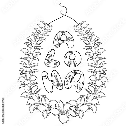 Outline Hawaiian lei necklace from tropical Allamanda flower and petal in black isolated on white background. 