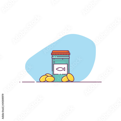 Fish oil pills line style banner. Bottle with pills or vitamins. Pharmaceutical healthy concept. Medical treatment and drugs. Omega 3 fish oil. 