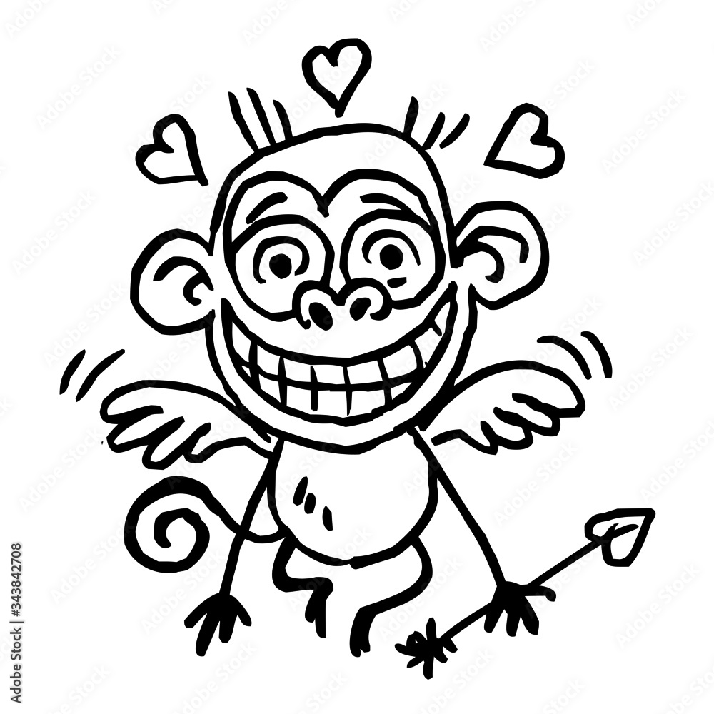 Monkey in love with hearts over his head, wings and cupid's arrow in his hand, valentine's day motif, black and white cartoon joke