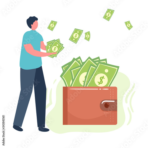 man hold money, dollars, wallet lot of money. Savings, investing money. Finance, Investment. for Jar Making Saving, Deposit Web Page Banner. Cartoon Flat Vector Illustration
