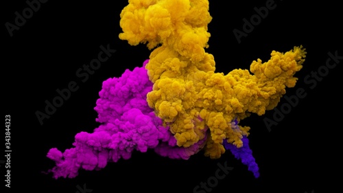 Colored abstract smoke explosion. Ink cloud isolated on black background. Colorful paints of array particles fly in air and mix smoothly. 3D illustration and rendering.