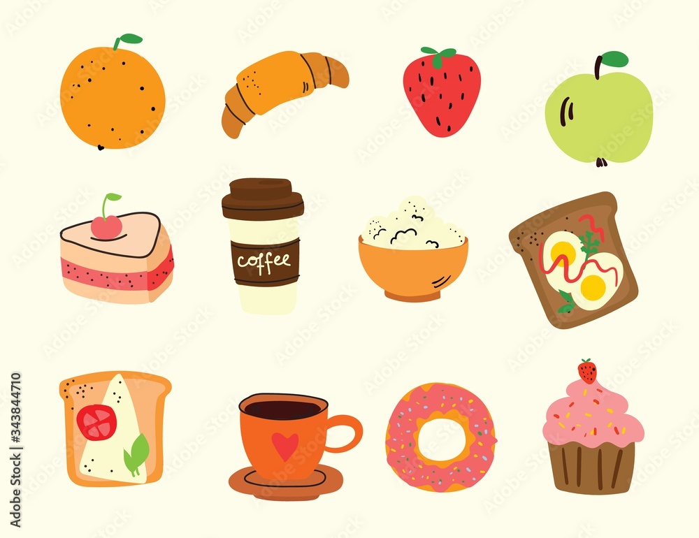 Breakfast hand drawn doodle icons. Food and drink. Breakfast hand drawn doodle icons. Food and drink.