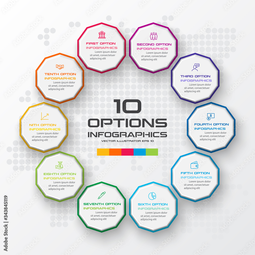 Decagon for infographics,Diagram with 10 options,Vector template for presentation. Decagon for infographics,Diagram with 10 options,Vector template for presentation.