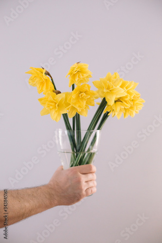 Man is holding bouquet of yellow flowers narcissuses in the glass vase on the grey background