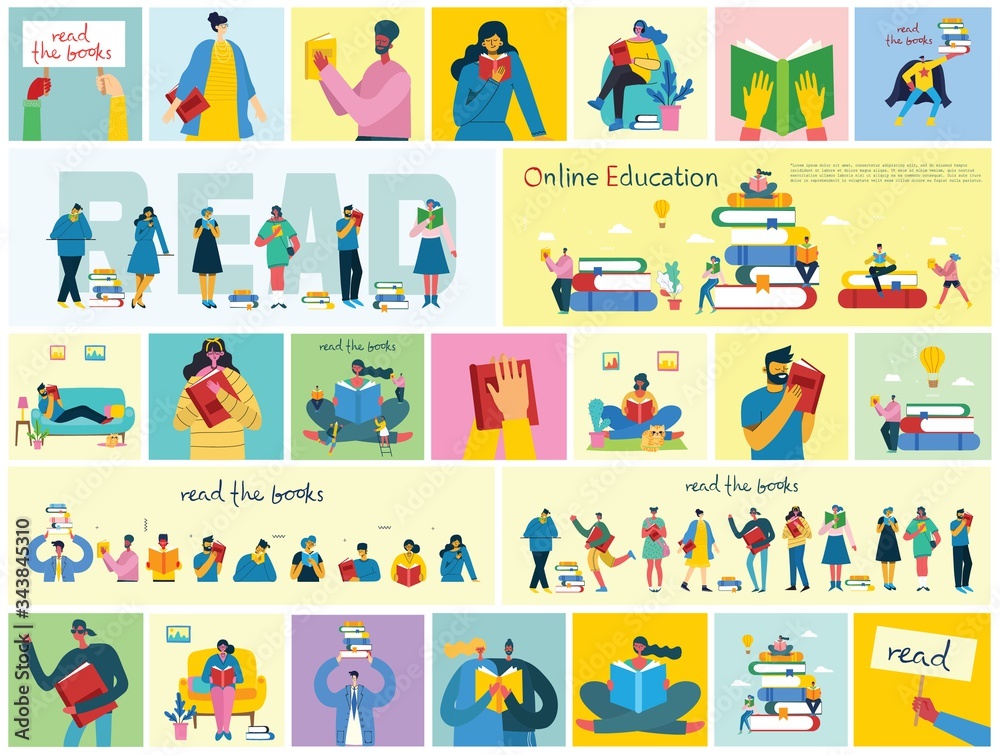 Vector concept illustrations of World Book Day, Reading the books and Book festival in the flat style.