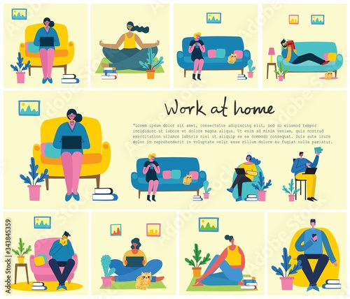 Stay and work at home. People staying at home for prevent virus Covid19 in the flat style