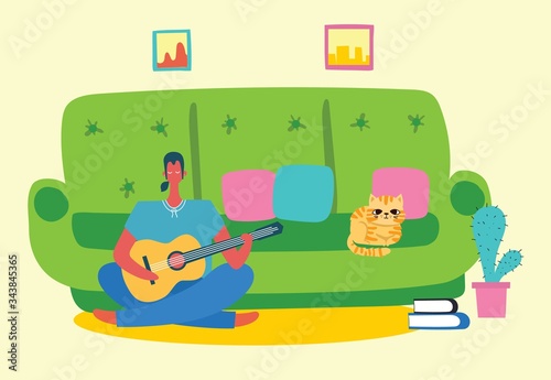 Stay and work at home. People staying at home for prevent virus Covid19 in the flat style