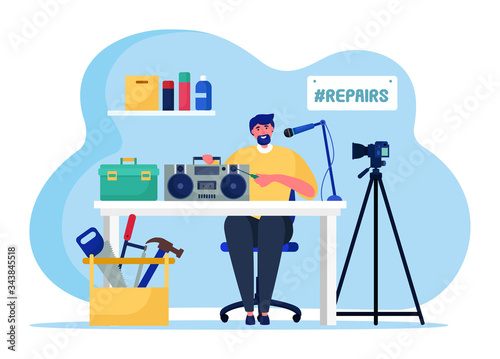Music radio online streaming, male character broadcasting host isolated on white, flat vector illustration. Video blog repairing broadcast audio equipment, working repairman sit table.