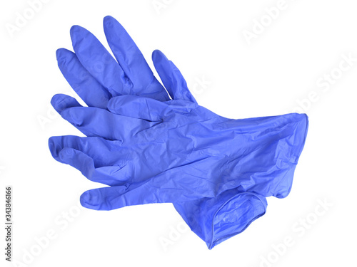 A pair of blue rubber medical gloves.