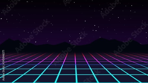 80s retro futuristic background, video illustration of the future of the sun and mountains in a retro style.