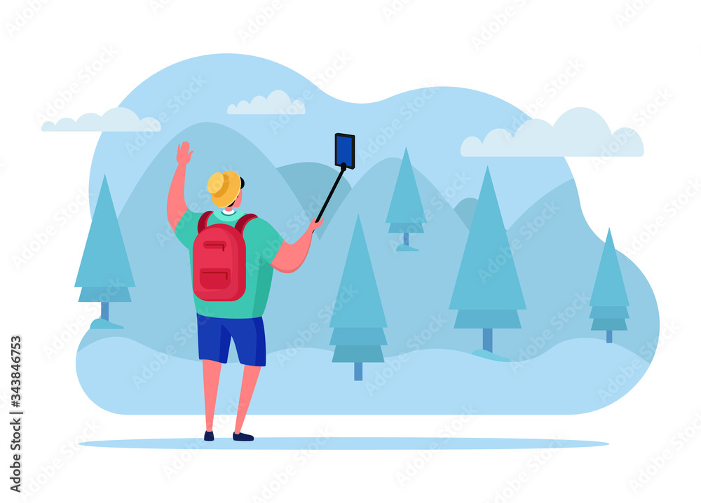 Travel blogging online outdoor park streaming, male character sport internet broadcasting host isolated on white, flat vector illustration. Video broadcast man trip mountain forest walking.