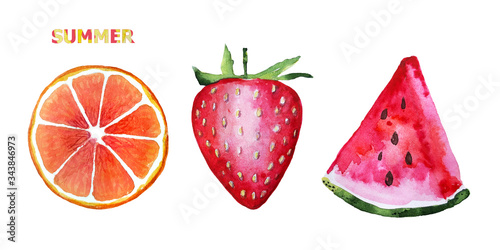Fototapeta Naklejka Na Ścianę i Meble -  Red fruit set. Set of red watermelon slice, grapefruit slice, strawberry. Fresh Summer watercolor illustration. Fruit isolated on white