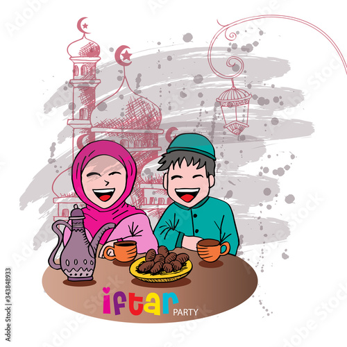 Ramadan Kareem Iftar party celebration with cute muslim family.