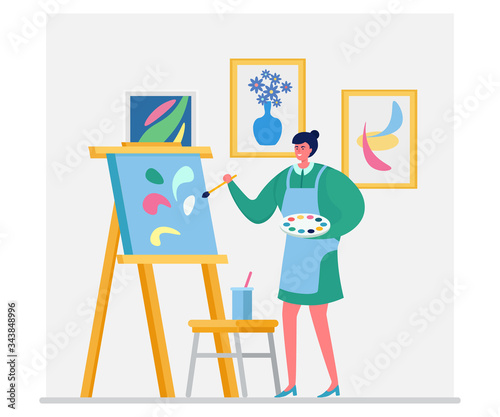 Woman artist draw picture, character female paint image isolated on white, flat vector illustration. Person painter hobby studio, girl depict abstract thumbnail, creative performer individual.