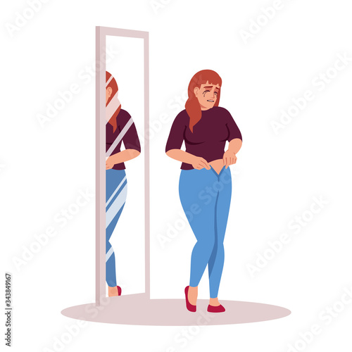 Girl crying in fitting room semi flat RGB color vector illustration