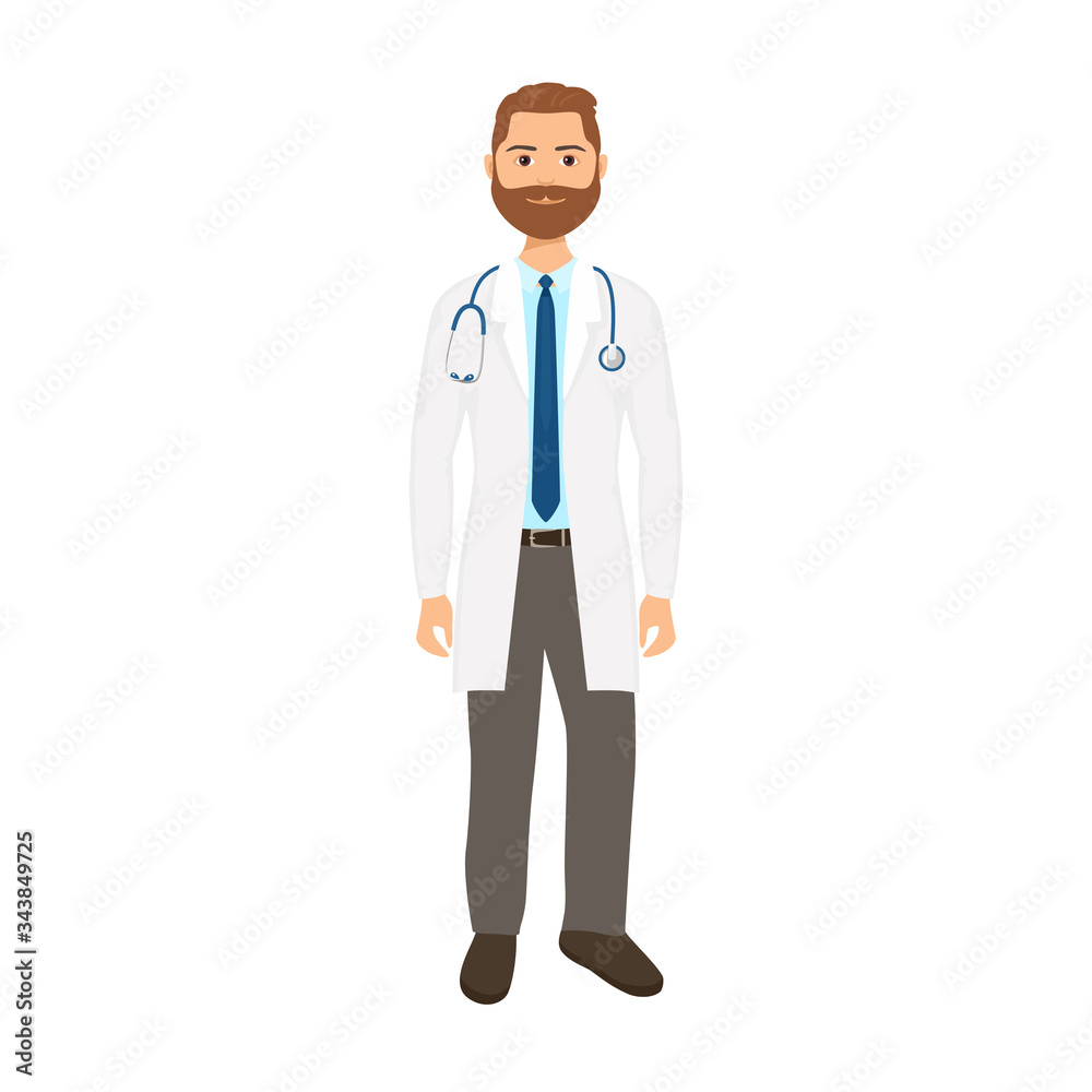 Doctor man with beard in white coat with stethoscope Isolated on  white background. Vector illustration of medic in cartoon flat style.