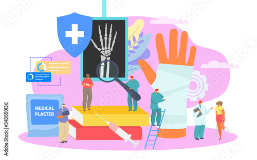Bone fracture, professional medical treatment vector illustration. Orthopedic care in hospital, broken bone in gypsum. Doctor look at character patient x-ray with broken hand, medical plaster.