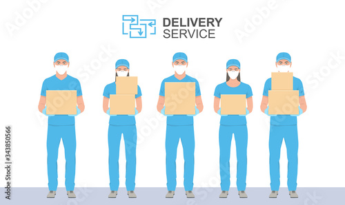 Delivery People in blue uniform holding the box in medical rubber gloves and mask. Delivery service. Flat Style. isolated on white background
