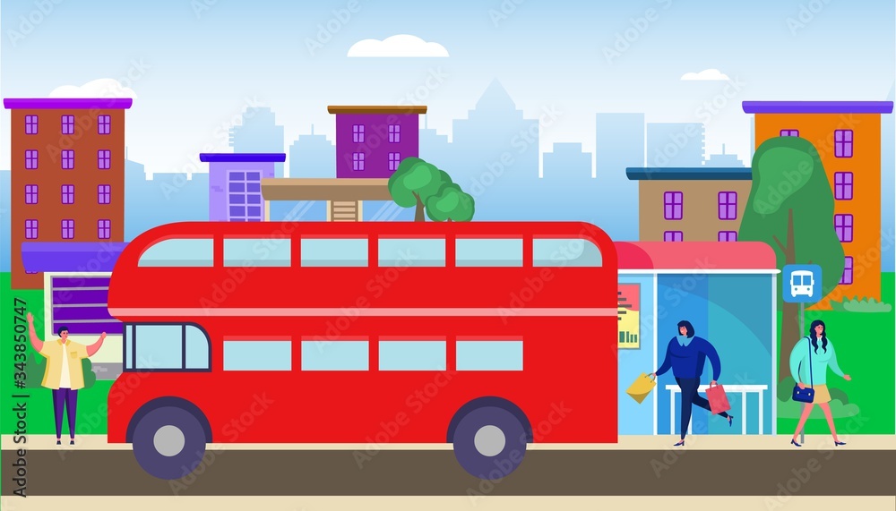 Bus stop residential area vector illustration. Transportation passengers in city. Woman with purchases come into double-decker transport. Man stop car, ride in town. Bright buidings background.