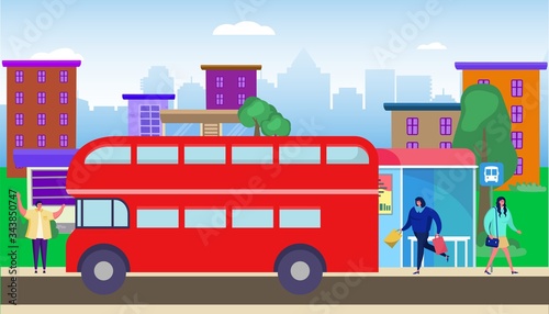 Bus stop residential area vector illustration. Transportation passengers in city. Woman with purchases come into double-decker transport. Man stop car, ride in town. Bright buidings background.