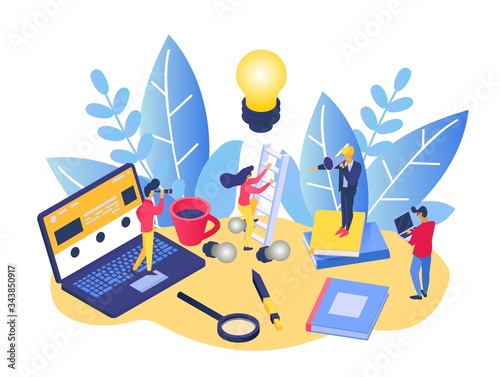 Business people creative teamwork, vector illustration. Business meeting on table, character planning project marketing. Woman with creative idea, boss directing by loudspeaker, worker use laptop.