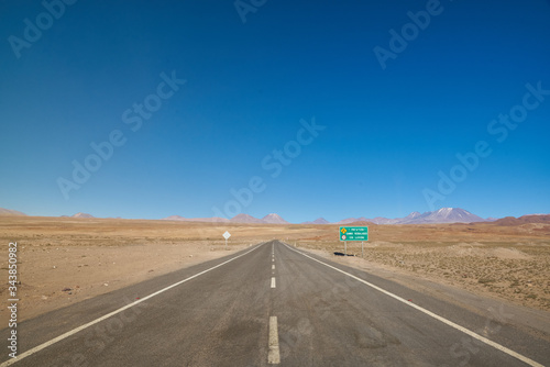 Road to the Chaxa Lagoon & Flamingos National Park. Pedro de Atacama, Antofagasta - Chile. Desert. Andes Range.