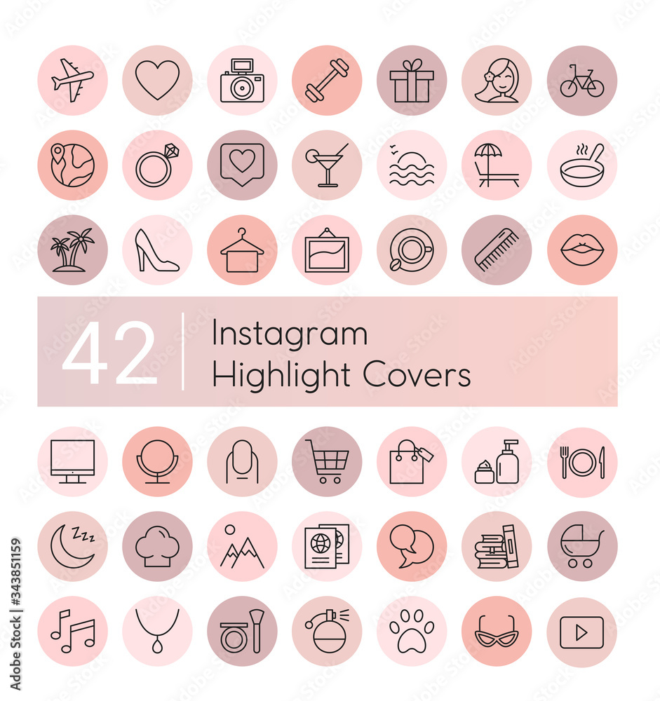Instagram highlight vector illustration icons set. Social media instagram  collection of pink flat line covers for female account, insta blogger  stories, lifestyle fashion elements, food and travel Stock-Vektorgrafik |  Adobe Stock