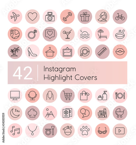 Instagram highlight vector illustration icons set. Social media instagram collection of pink flat line covers for female account, insta blogger stories, lifestyle fashion elements, food and travel