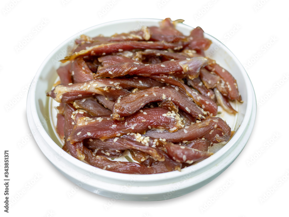 Organic food preservation dried meat by sun light with white sesame Organic food preservation dried meat by sun light with white sesame