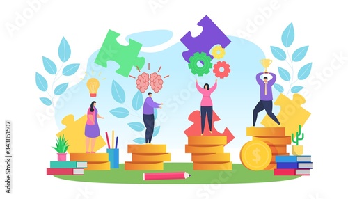 People planning work in business strategy, vector illustration. Teamwork for goal achievement, success, profit and financial growth. Man and woman make idea, thinking, setting and good result.