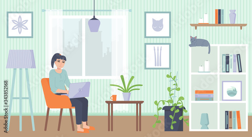 Yong woman sitting on armchair with laptop. Cozy interior. Home office, Working at home, freelance, remote work concept. Stock vector illustration in flat cartoon style.