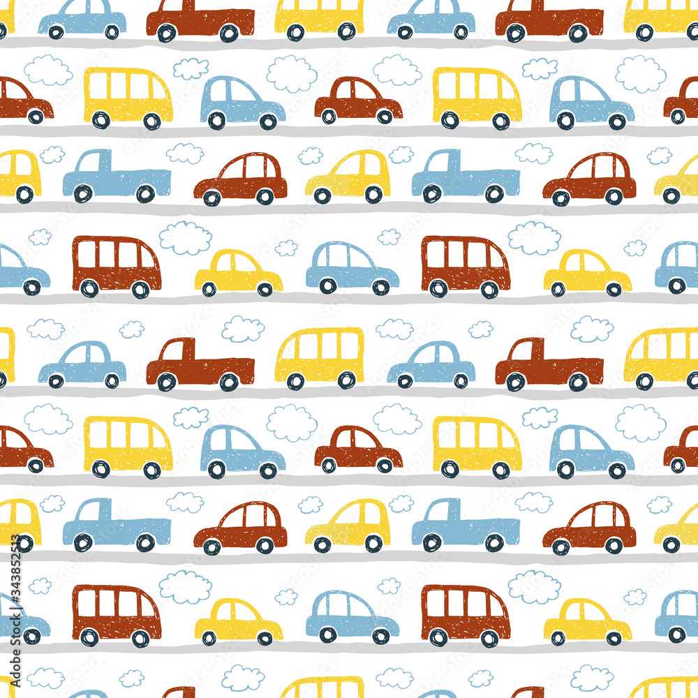Hand drawn toy cars and clouds on white background. Print for fabric, for baby clothes Hand drawn toy cars and clouds on white background. Print for fabric, for baby clothes