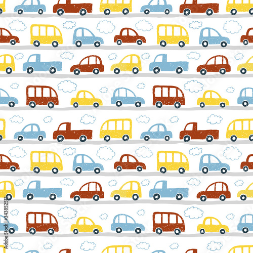 Hand drawn toy cars and clouds on white background. Print for fabric  for baby clothes