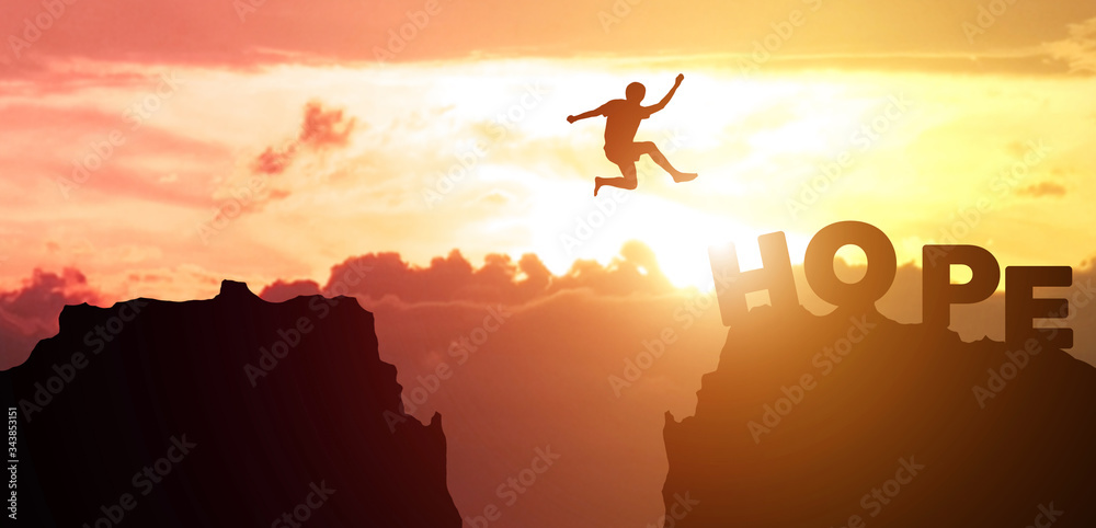Silhouette man people jumping from cliff to other mountain with hope, concept as possible and impossible of success in business and leadership. Copy space for label text and banner for advertisement.