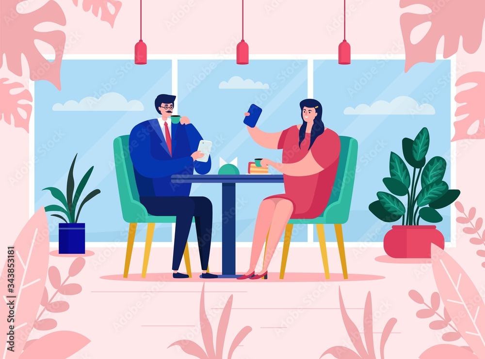 Couple use gadgets at cafe, vector illustration. Man woman character sitting table restaurant, romantic date. Girl make selfie, guy viewing content device. Digital communication, smartphone addiction.