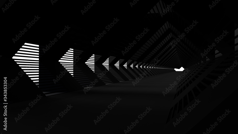 Black empty room space and the pathway area indefinitely with the gap glowing in the dark and shadow. Museum space design. the rhythm of the square frame and the gap, On the black floor, 3D rendering. Black empty room space and the pathway area indefinitely with the gap glowing in the dark and shadow. Museum space design. the rhythm of the square frame and the gap, On the black floor, 3D rendering.